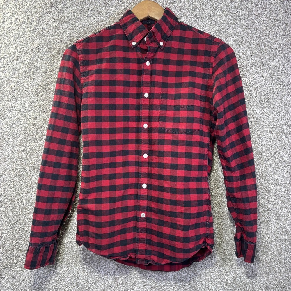 J.Crew Shirt Mens XS Red Black Plaid Slim Fit Long Sleeve Button Down Cotton